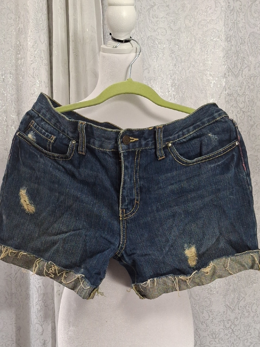 PINK Victoria's Secret Dark Blue Distressed Rolled-Hem Jean Shorts